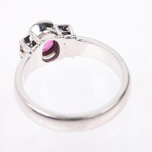 1384 - A modern 18ct white gold pink sapphire and diamond dress ring, rub-over set with 0.7ct oval mixed-cu... 