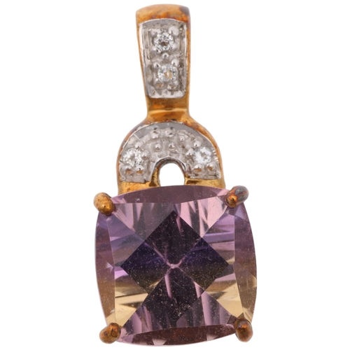 1385 - A modern 9ct gold ametrine and diamond pendant, maker DK, Birmingham 2008, 22mm, 2.4g