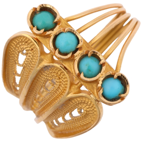 1388 - A Middle Eastern turquoise filigree ring, apparently unmarked, setting height 16.1mm, size M, 3.2g