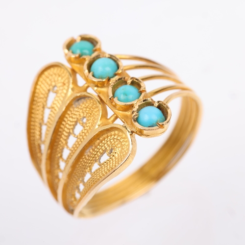 1388 - A Middle Eastern turquoise filigree ring, apparently unmarked, setting height 16.1mm, size M, 3.2g