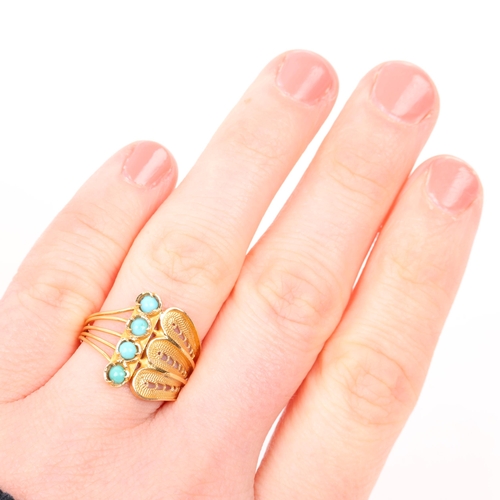 1388 - A Middle Eastern turquoise filigree ring, apparently unmarked, setting height 16.1mm, size M, 3.2g