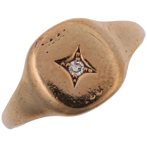 1391 - A 9ct gold solitaire diamond signet ring, indistinct hallmarks, setting height 9.5mm, size L, 1.9g