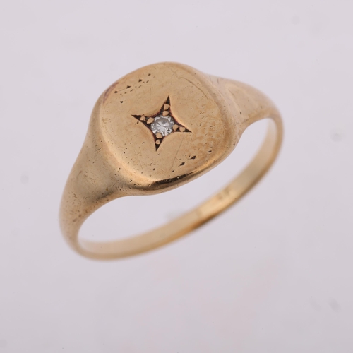 1391 - A 9ct gold solitaire diamond signet ring, indistinct hallmarks, setting height 9.5mm, size L, 1.9g