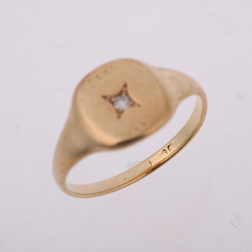 1391 - A 9ct gold solitaire diamond signet ring, indistinct hallmarks, setting height 9.5mm, size L, 1.9g