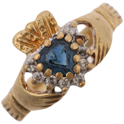 1393 - **WITHDRAWN** A modern 9ct gold sapphire and diamond heart cluster Claddagh ring, total diamond cont... 