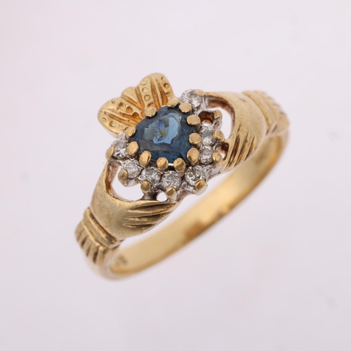 1393 - **WITHDRAWN** A modern 9ct gold sapphire and diamond heart cluster Claddagh ring, total diamond cont... 