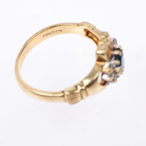 1393 - **WITHDRAWN** A modern 9ct gold sapphire and diamond heart cluster Claddagh ring, total diamond cont... 