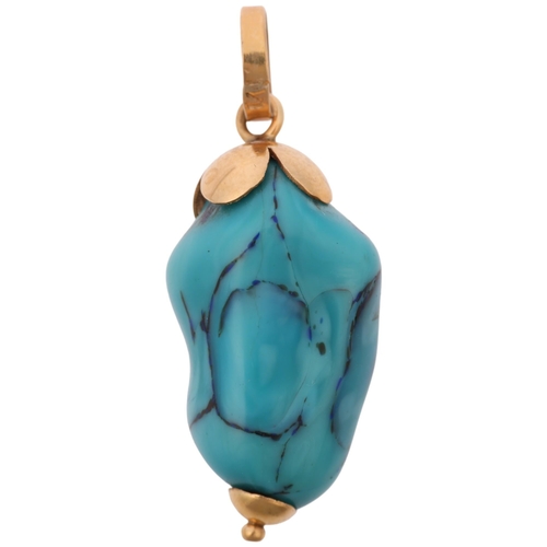 1394 - A Middle Eastern 14ct gold turquoise glass drop pendant, 31.6mm, 3.7g