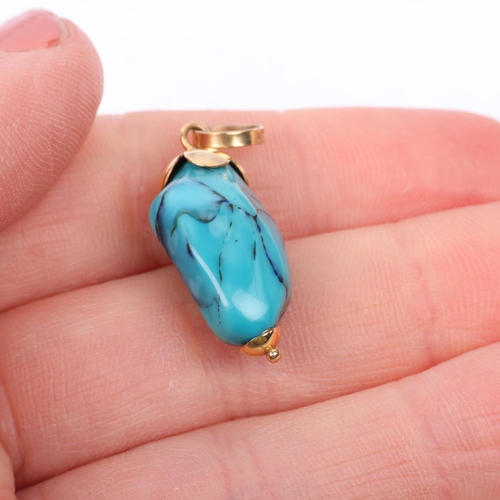 1394 - A Middle Eastern 14ct gold turquoise glass drop pendant, 31.6mm, 3.7g