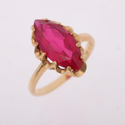 1399 - A 9ct gold synthetic ruby dress ring, set with marquise-cut synthetic ruby setting height 15.8mm, si... 