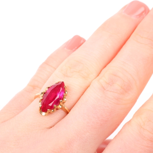 1399 - A 9ct gold synthetic ruby dress ring, set with marquise-cut synthetic ruby setting height 15.8mm, si... 