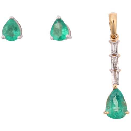 1404 - A 14ct gold Zambian emerald and diamond pendant and earring set, claw set with pear-cut emeralds and... 