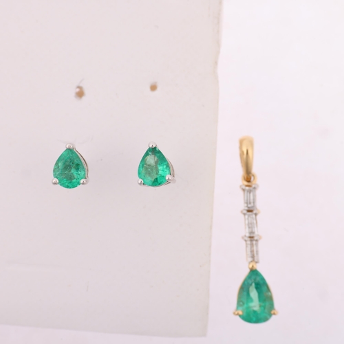 1404 - A 14ct gold Zambian emerald and diamond pendant and earring set, claw set with pear-cut emeralds and... 