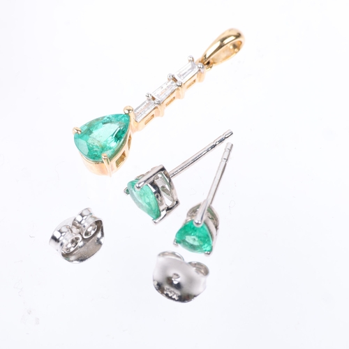 1404 - A 14ct gold Zambian emerald and diamond pendant and earring set, claw set with pear-cut emeralds and... 