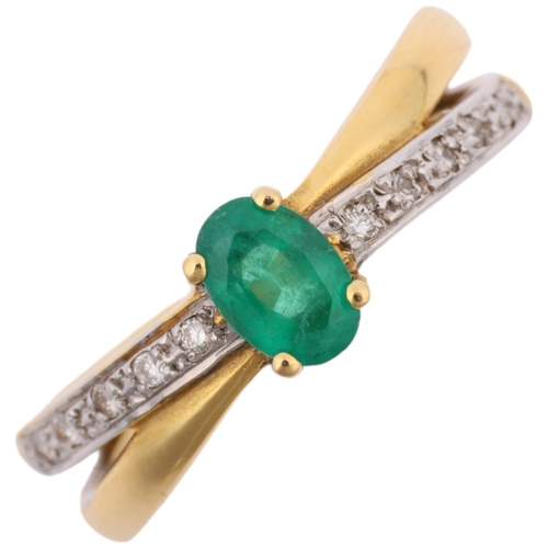 1410 - An 18ct gold emerald and diamond crossover ring, maker M&M, Birmingham 2007, set with oval mixed-cut... 