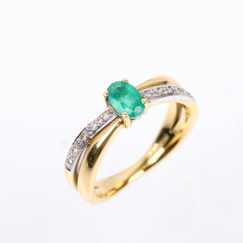 1410 - An 18ct gold emerald and diamond crossover ring, maker M&M, Birmingham 2007, set with oval mixed-cut... 