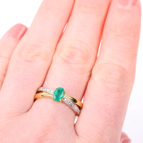 1410 - An 18ct gold emerald and diamond crossover ring, maker M&M, Birmingham 2007, set with oval mixed-cut... 