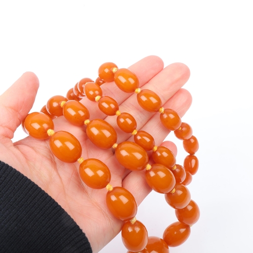 1411 - A long single-strand graduated amber bead necklace, beads ranging from 12.0 - 12.6mm, necklace 74cm,... 