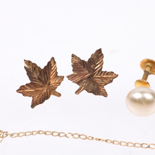 1413 - Various 9ct gold jewellery, including pearl earrings, maple leaf earrings etc, 3.3g gross