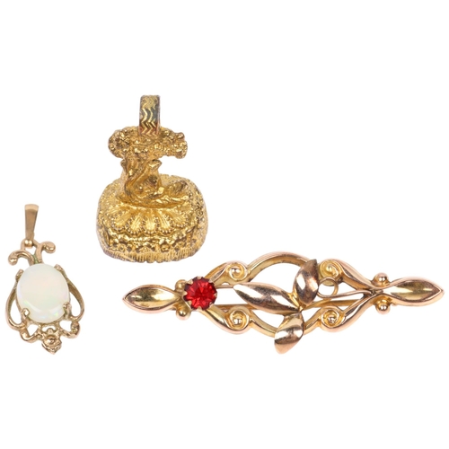 1414 - Various jewellery, including 9ct gold opal pendant, gilt-metal 'As you like it' seal fob, and anothe... 