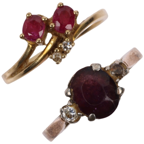 1415 - 2 x 9ct gold gem set rings, comprising 9ct ruby and diamond crossover, size I, 1.3g, and unmarked am... 