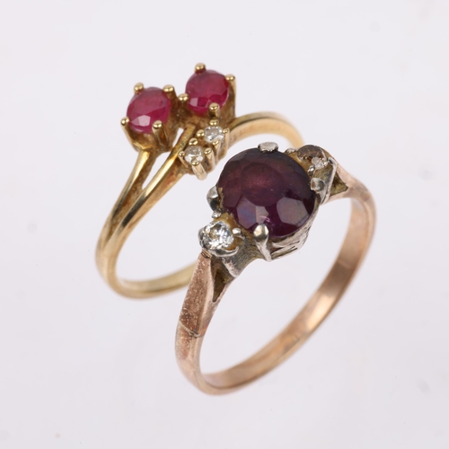 1415 - 2 x 9ct gold gem set rings, comprising 9ct ruby and diamond crossover, size I, 1.3g, and unmarked am... 