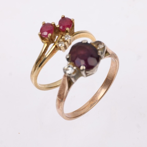 1415 - 2 x 9ct gold gem set rings, comprising 9ct ruby and diamond crossover, size I, 1.3g, and unmarked am... 