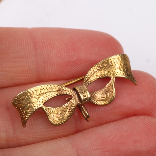 1416 - A 9ct gold ribbon bow brooch, 31.8mm, and a 9ct gold spiga link chain bracelet (A/F), 3.3g total (2)