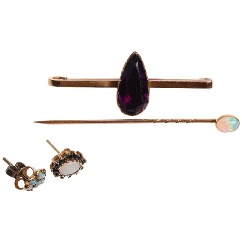 1419 - Various gold jewellery, including 9ct amethyst bar brooch, opal stickpin, etc, 5.7g gross (4)