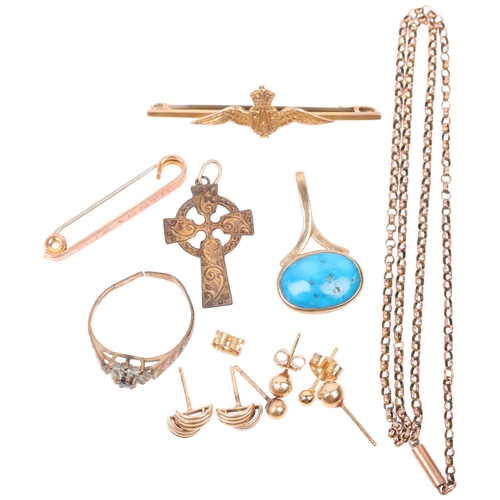 1420 - Various 9ct gold jewellery, including RAF wings sweetheart brooch, Elizabeth brooch, Celtic cross pe... 