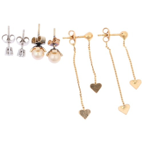 1421 - 3 pairs of gold earrings, comprising 18ct heart drop earrings, 43.9mm, 2.7g, and 2 pairs of 14ct gol... 