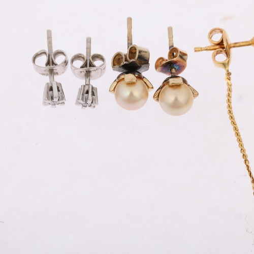 1421 - 3 pairs of gold earrings, comprising 18ct heart drop earrings, 43.9mm, 2.7g, and 2 pairs of 14ct gol... 