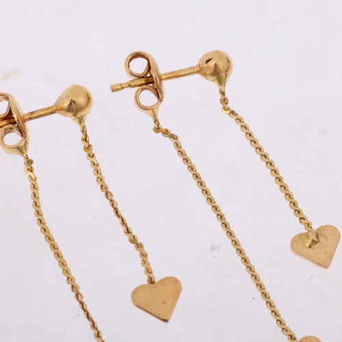 1421 - 3 pairs of gold earrings, comprising 18ct heart drop earrings, 43.9mm, 2.7g, and 2 pairs of 14ct gol... 