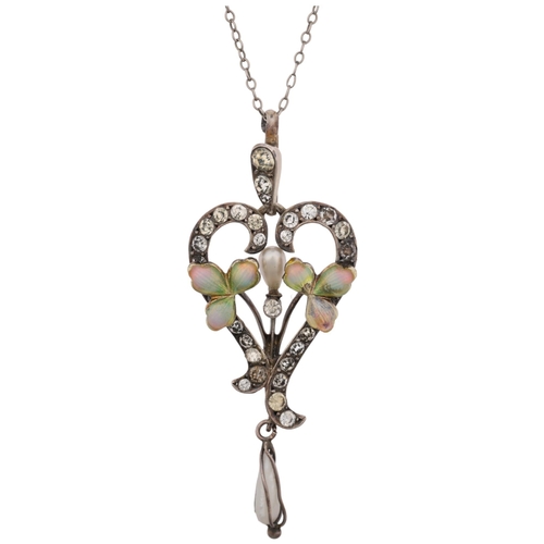 1422 - An Art Nouveau sterling silver Baroque pearl paste and ombre enamel openwork heart pendant necklace,... 