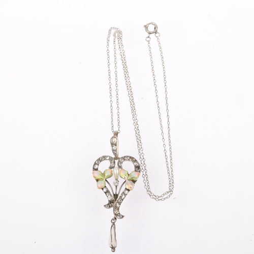 1422 - An Art Nouveau sterling silver Baroque pearl paste and ombre enamel openwork heart pendant necklace,... 