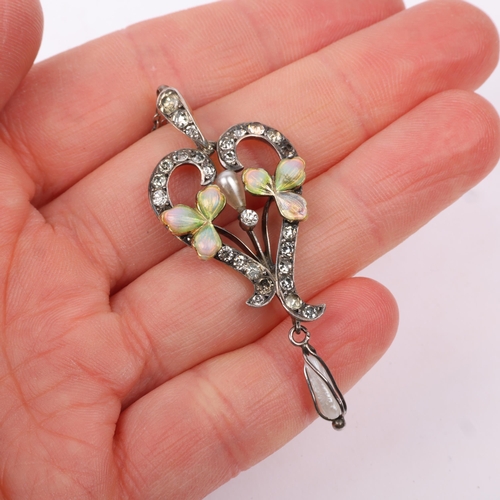 1422 - An Art Nouveau sterling silver Baroque pearl paste and ombre enamel openwork heart pendant necklace,... 