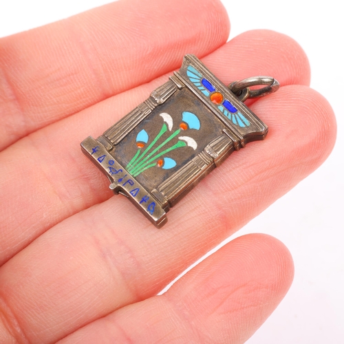 1423 - A Continental 900 silver-gilt polychrome enamel Egyptian Revival tomb photo locket pendant, with win... 