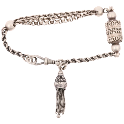 1426 - A lady's Antique silver Albertina chain bracelet, with tassel fob and dog-clip, 19cm, 12.8g