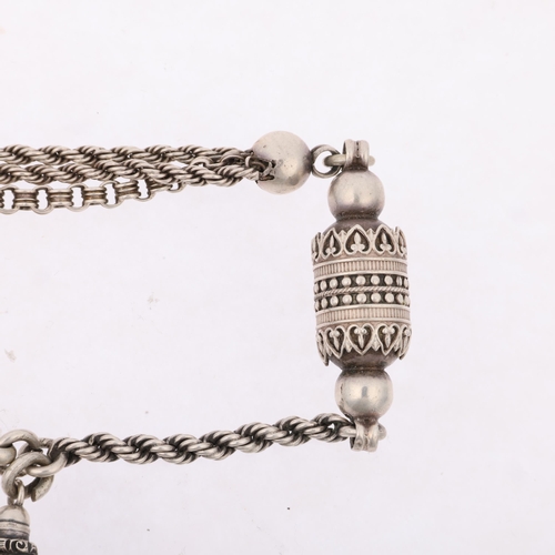 1426 - A lady's Antique silver Albertina chain bracelet, with tassel fob and dog-clip, 19cm, 12.8g