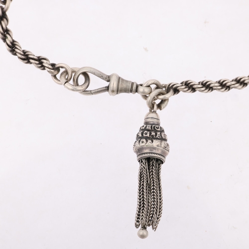 1426 - A lady's Antique silver Albertina chain bracelet, with tassel fob and dog-clip, 19cm, 12.8g