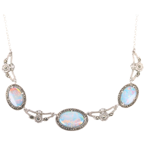 1429 - A Vintage sterling silver opal doublet and marcasite fringe necklace, 40cm, 9.9g