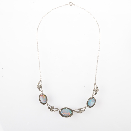 1429 - A Vintage sterling silver opal doublet and marcasite fringe necklace, 40cm, 9.9g