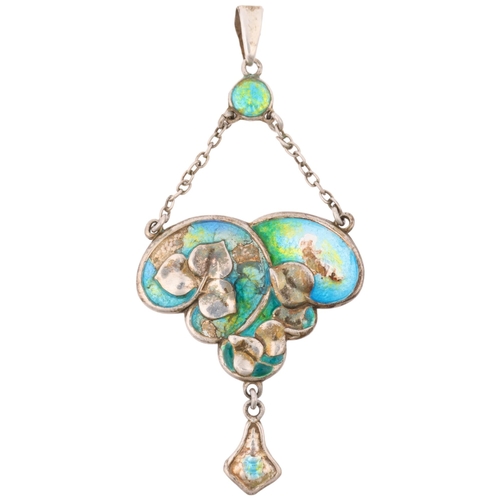 1430 - CHARLES HORNER - an Art Nouveau silver and peacock enamel floral lavalier pendant, maker CH, possibl... 