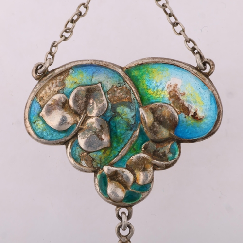 1430 - CHARLES HORNER - an Art Nouveau silver and peacock enamel floral lavalier pendant, maker CH, possibl... 