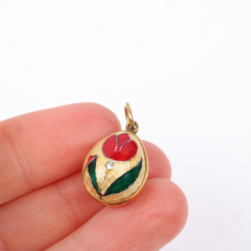 1432 - A Vintage enamel rose egg pendant, gilt-metal frame, 19.2mm, 3.9g