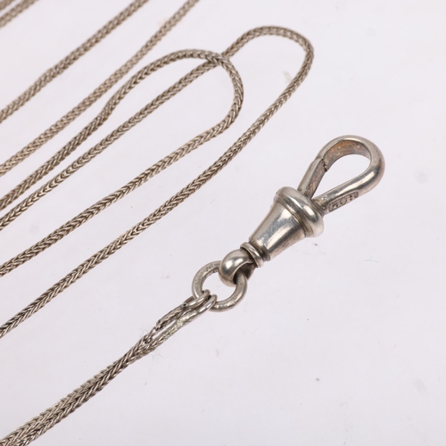 1433 - An Antique silver foxtail link long guard chain necklace, with dog clip, 136cm, 6.5g