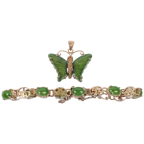 1435 - A Chinese silver-gilt jadeite panel bracelet and butterfly pendant, bracelet 17cm, pendant 26.5mm, 1... 