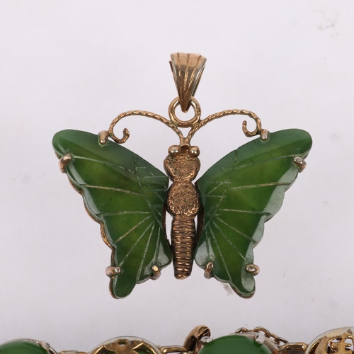 1435 - A Chinese silver-gilt jadeite panel bracelet and butterfly pendant, bracelet 17cm, pendant 26.5mm, 1... 