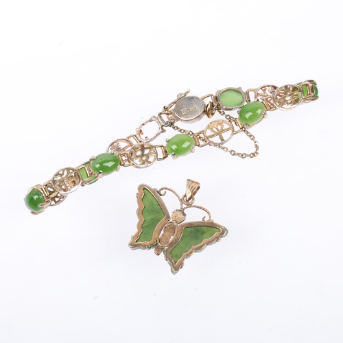 1435 - A Chinese silver-gilt jadeite panel bracelet and butterfly pendant, bracelet 17cm, pendant 26.5mm, 1... 