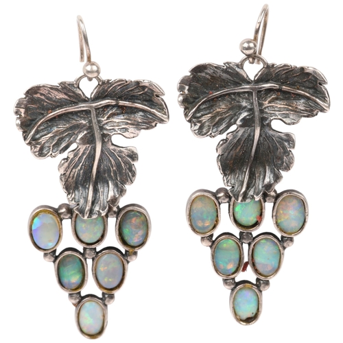 1437 - A pair of Art Nouveau style silver and opal doublet grape drop earrings, maker BJT, London 1990, wit... 